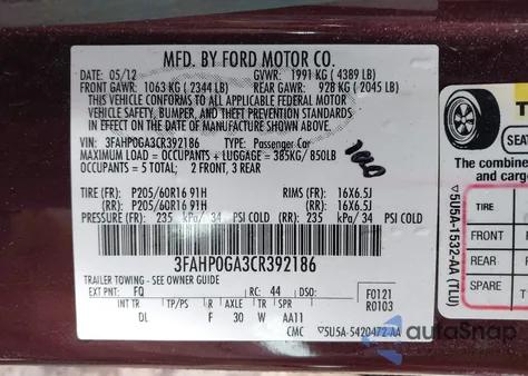 2012 Ford Fusion S from USA, damaged, VIN 3FAHP0GA3CR392186